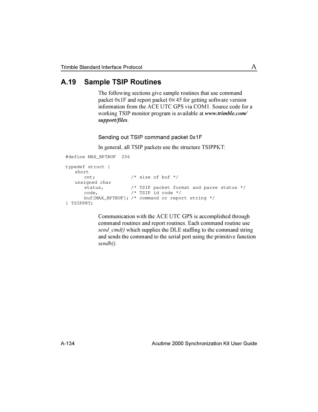 Trimble Outdoors Part Number 45005-00-ENG manual Sample Tsip Routines, Sending out Tsip command packet 0x1F 