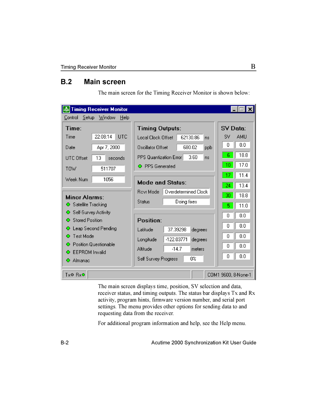 Trimble Outdoors Part Number 45005-00-ENG, AcutimeTM2000 Synchronization Kit manual Main screen 