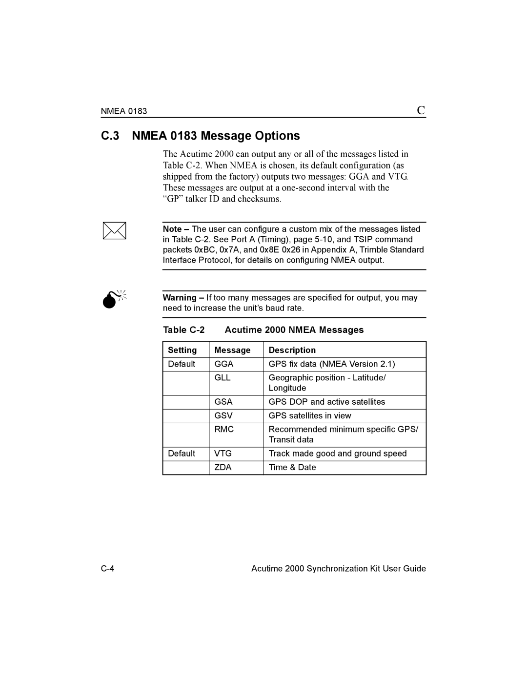 Trimble Outdoors Part Number 45005-00-ENG manual Nmea 0183 Message Options, Table C-2 Acutime 2000 Nmea Messages 