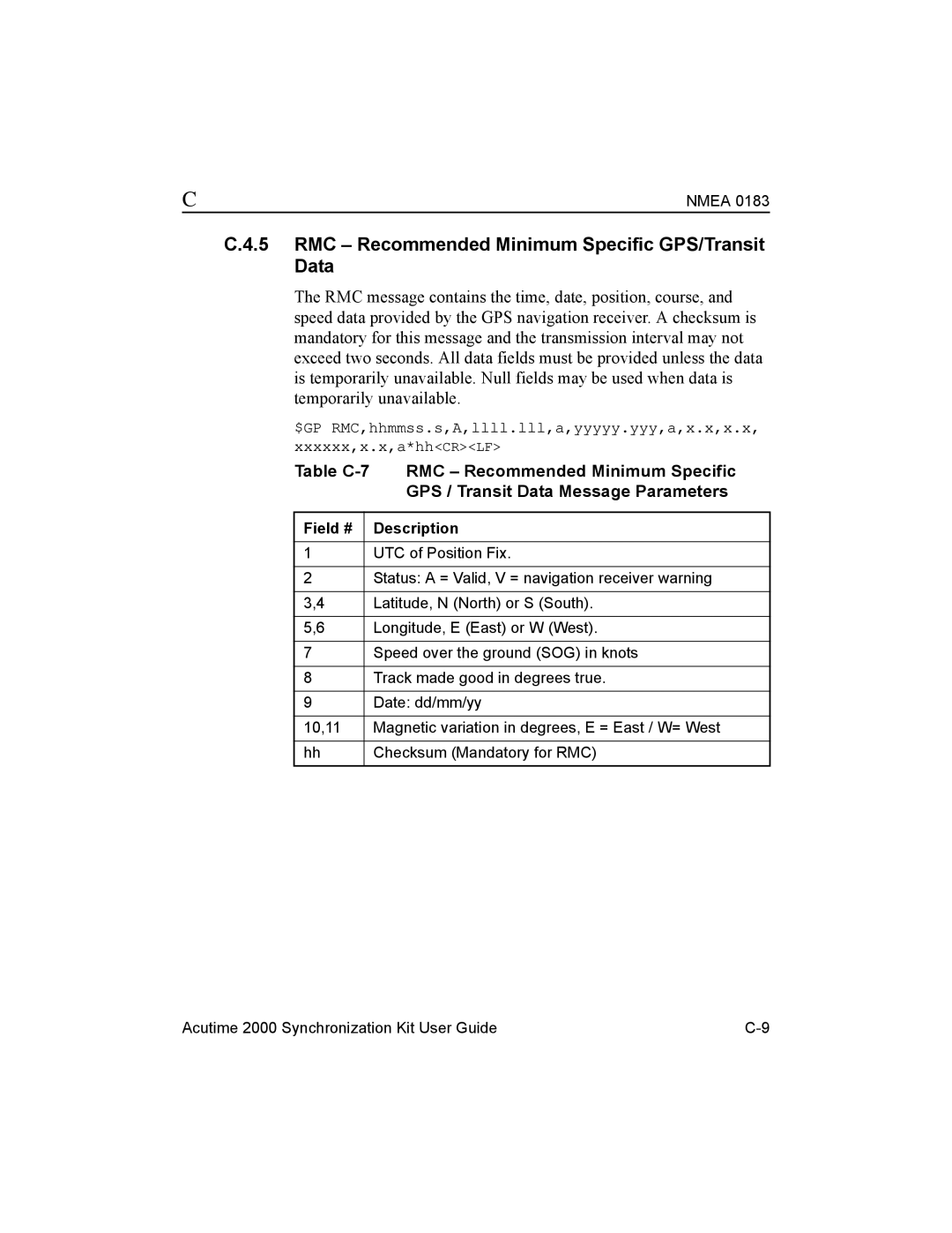 Trimble Outdoors AcutimeTM2000 Synchronization Kit manual RMC Recommended Minimum Specific GPS/Transit Data 