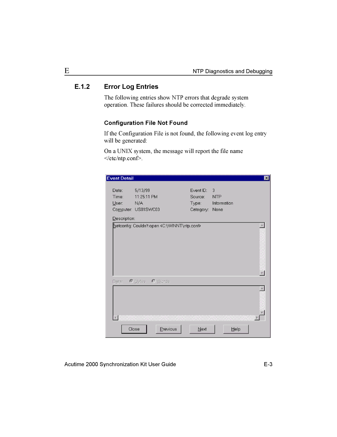 Trimble Outdoors AcutimeTM2000 Synchronization Kit manual Error Log Entries, Configuration File Not Found 