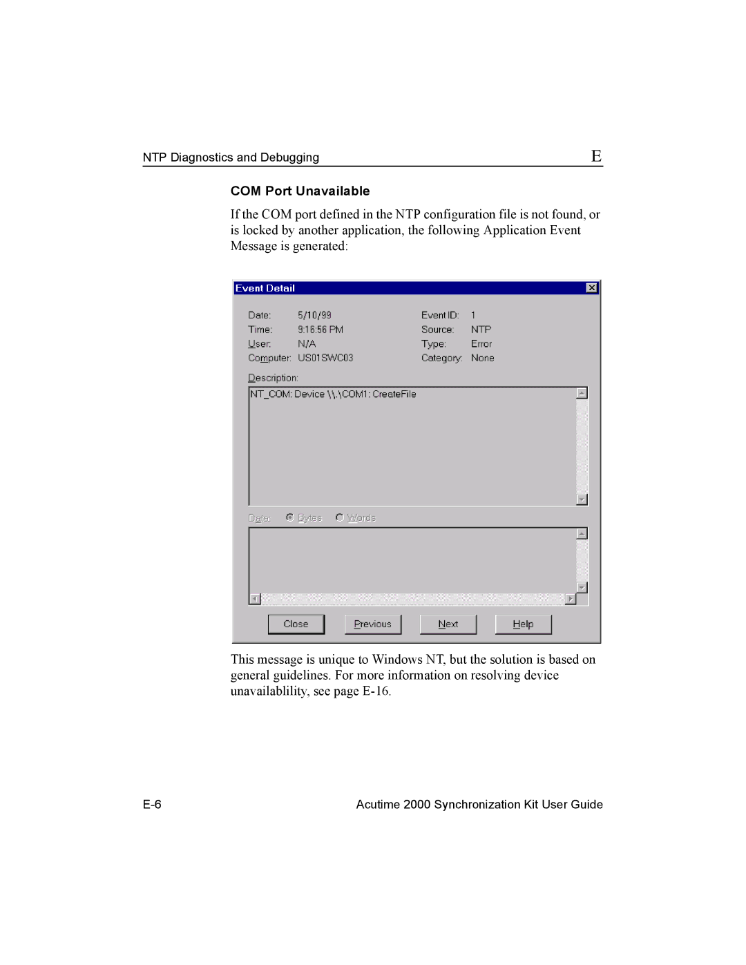 Trimble Outdoors Part Number 45005-00-ENG, AcutimeTM2000 Synchronization Kit manual COM Port Unavailable 