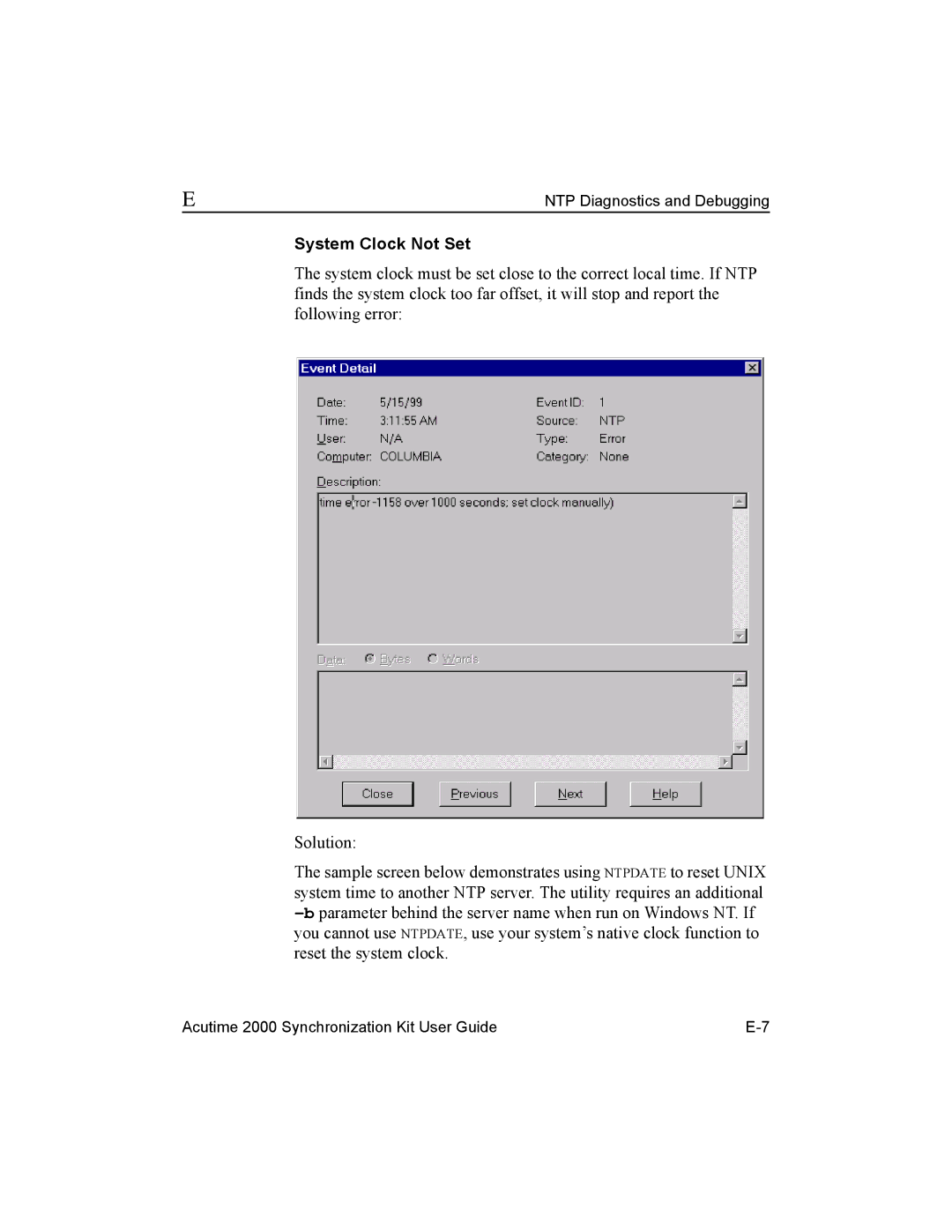 Trimble Outdoors AcutimeTM2000 Synchronization Kit, Part Number 45005-00-ENG manual System Clock Not Set 