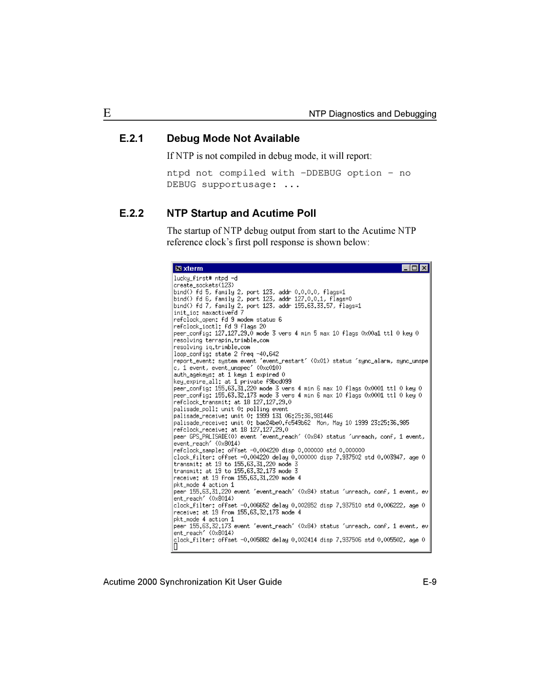 Trimble Outdoors AcutimeTM2000 Synchronization Kit manual Debug Mode Not Available, NTP Startup and Acutime Poll 