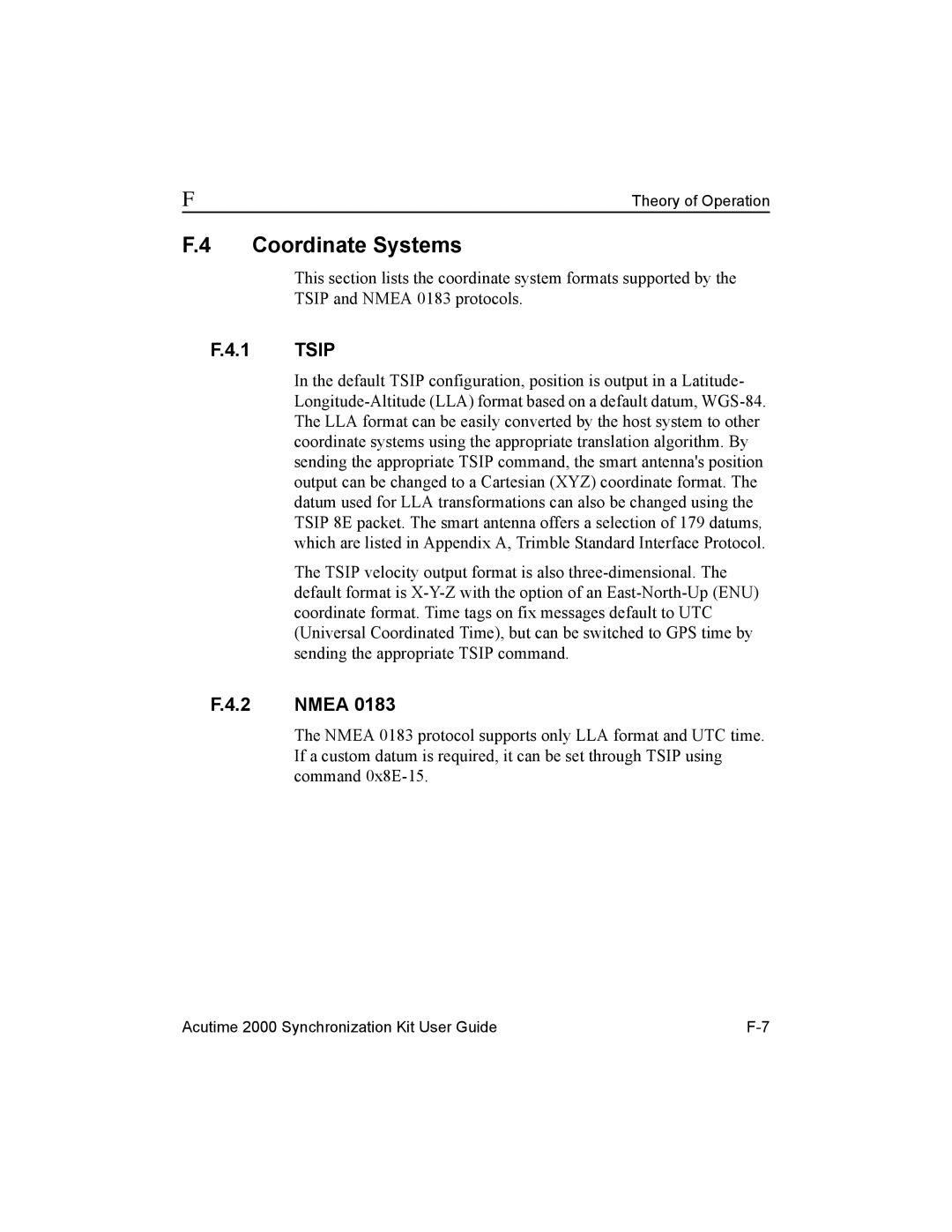 Trimble Outdoors AcutimeTM2000 Synchronization Kit, Part Number 45005-00-ENG manual Coordinate Systems, Tsip, Nmea 