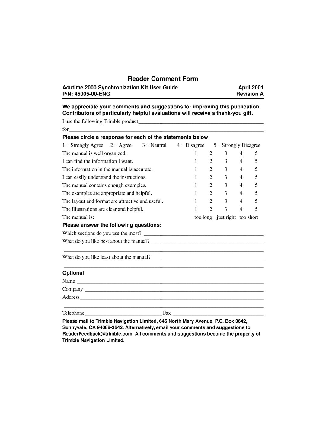 Trimble Outdoors AcutimeTM2000 Synchronization Kit, Part Number 45005-00-ENG manual Reader Comment Form 