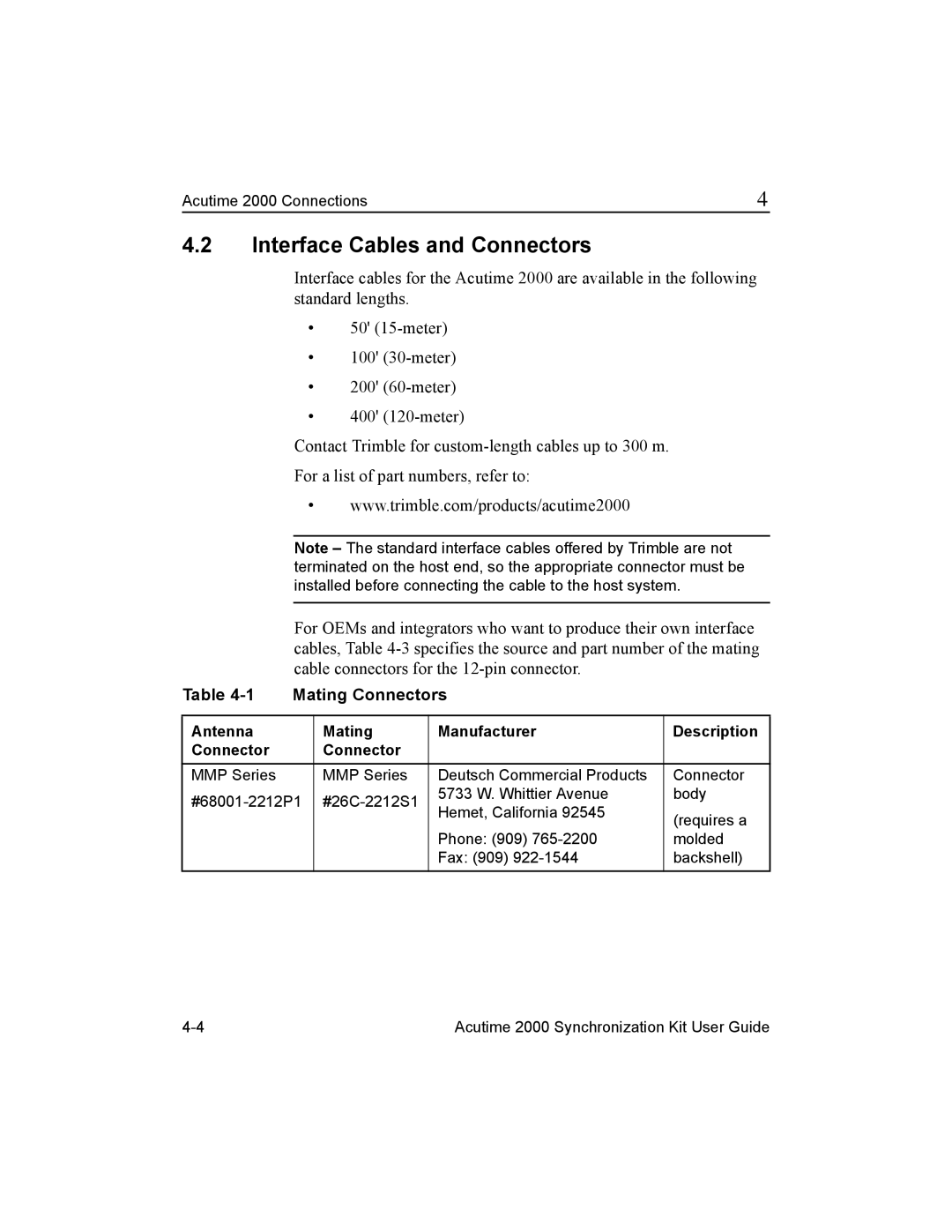 Trimble Outdoors Part Number 45005-00-ENG manual Interface Cables and Connectors, Mating Connectors 