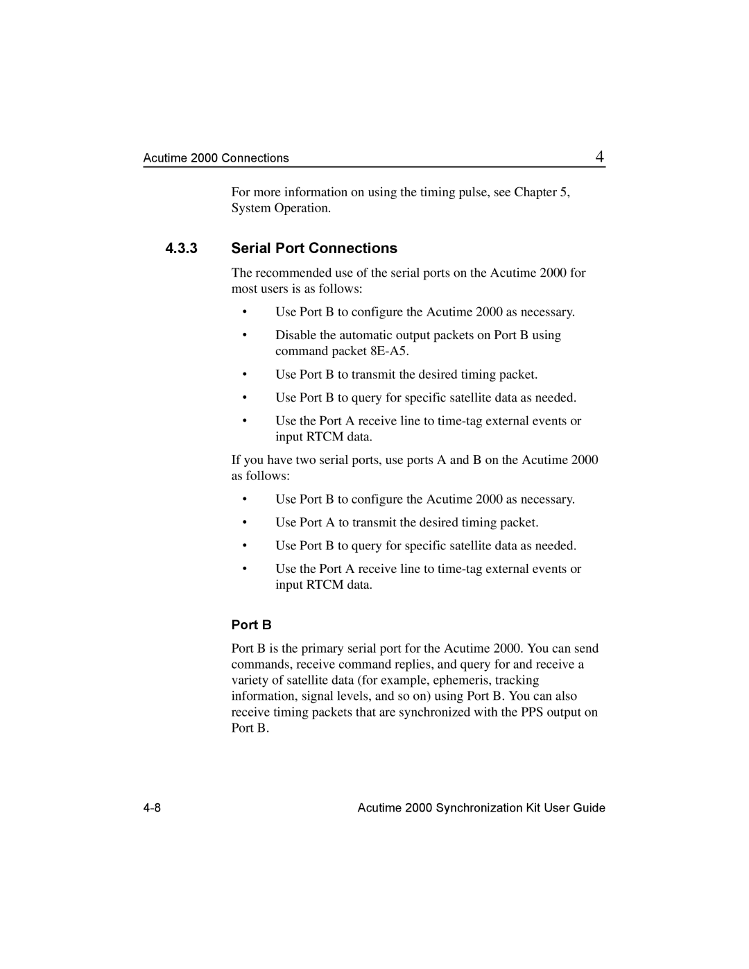 Trimble Outdoors Part Number 45005-00-ENG, AcutimeTM2000 Synchronization Kit manual Serial Port Connections, Port B 