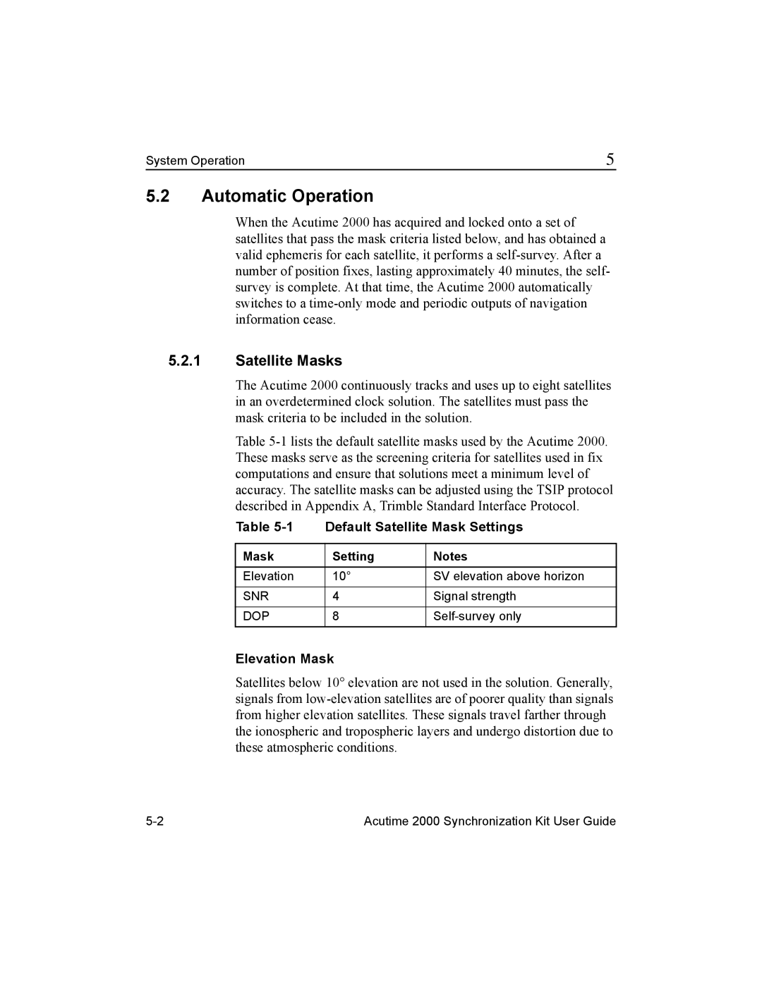 Trimble Outdoors Part Number 45005-00-ENG manual Automatic Operation, Satellite Masks, Default Satellite Mask Settings 