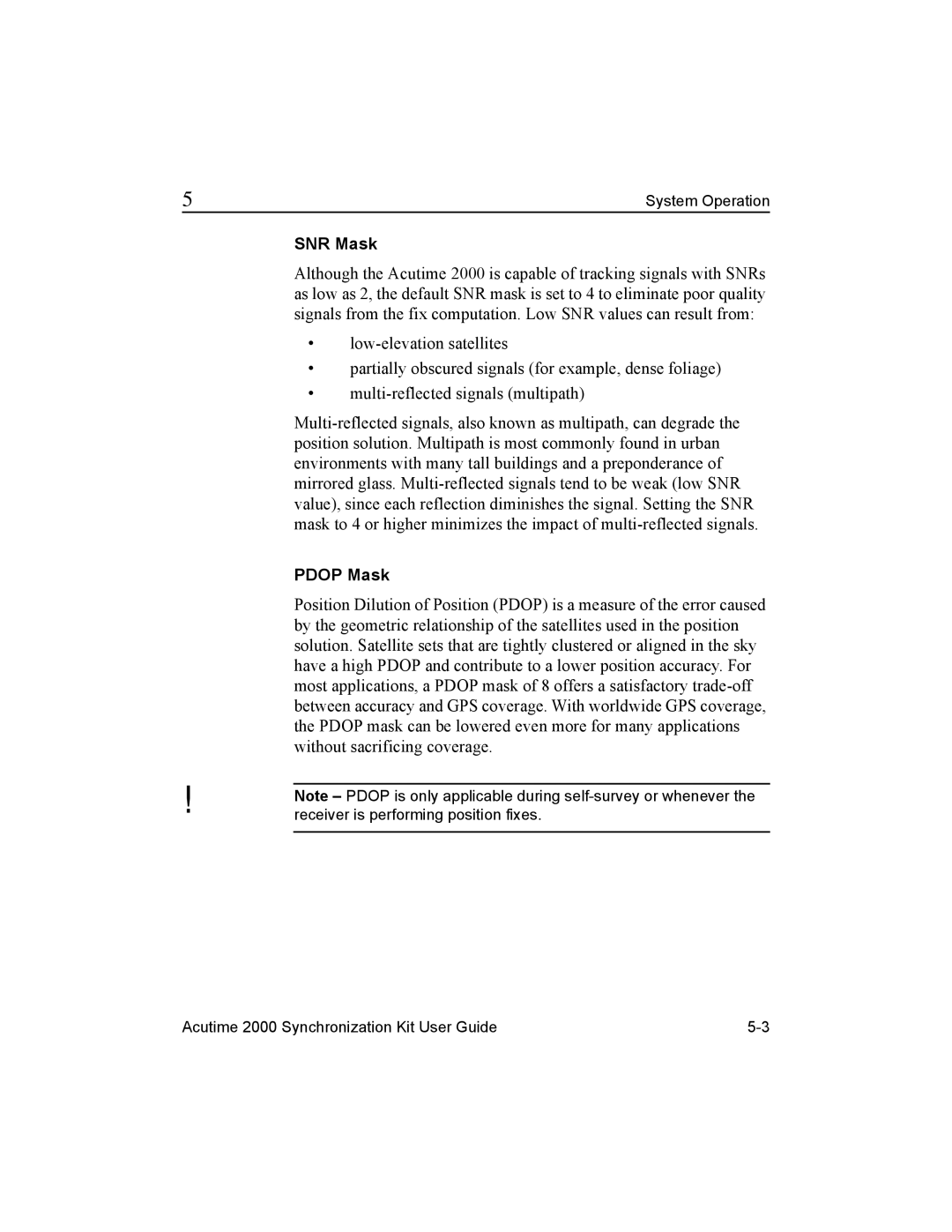 Trimble Outdoors AcutimeTM2000 Synchronization Kit, Part Number 45005-00-ENG manual SNR Mask, Pdop Mask 