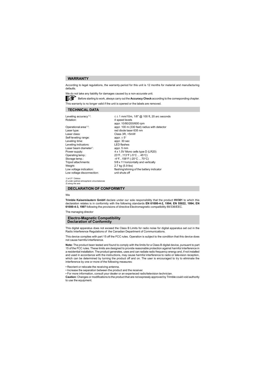 Trimble Outdoors HV301 manual Warranty, Technical Data, Declaration of Conformity 