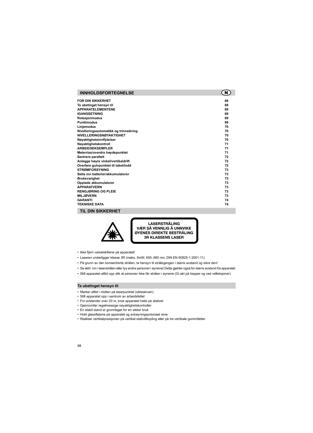 Trimble Outdoors HV301 manual Innholdsfortegnelse, TIL DIN Sikkerhet, Ta ubetinget hensyn til 