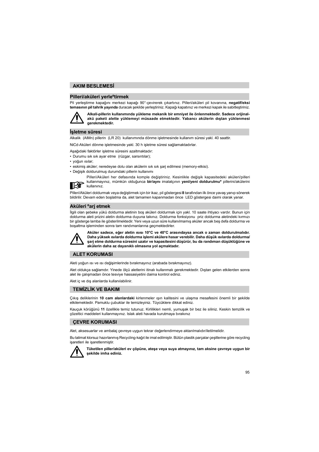 Trimble Outdoors HV301 manual Akim Beslemesý, Alet Korumasi, Temýzlýk VE Bakim, Çevre Korumasi 