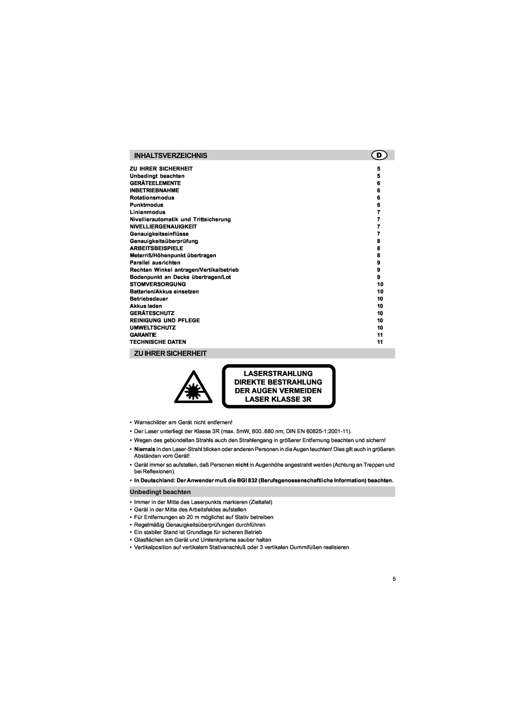 Trimble Outdoors HV301 Inhaltsverzeichnis, Zuihrersicherheit, Laserstrahlung, Direkte Bestrahlung, Der Augen Vermeiden 