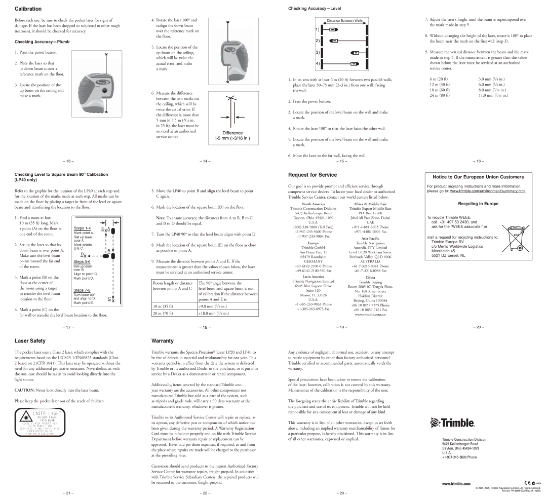 Trimble Outdoors LP20 specifications Calibration, Request for Service, Laser Safety, Warranty 