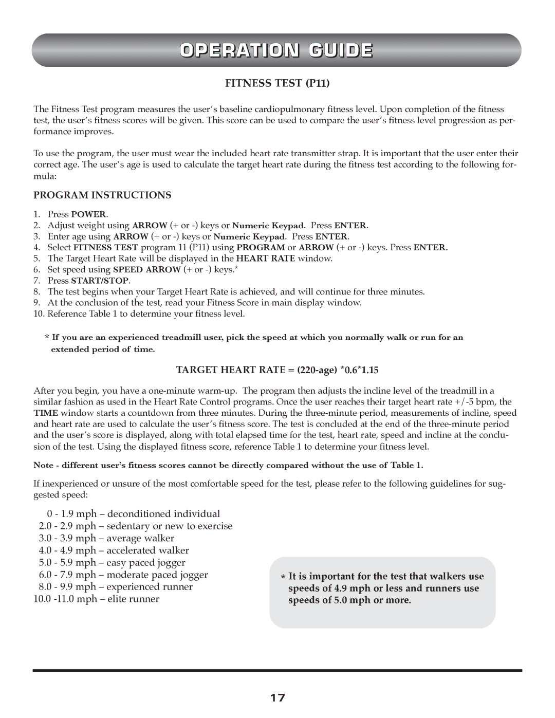 Trimline t523 manual Fitness Test P11, Program Instructions 