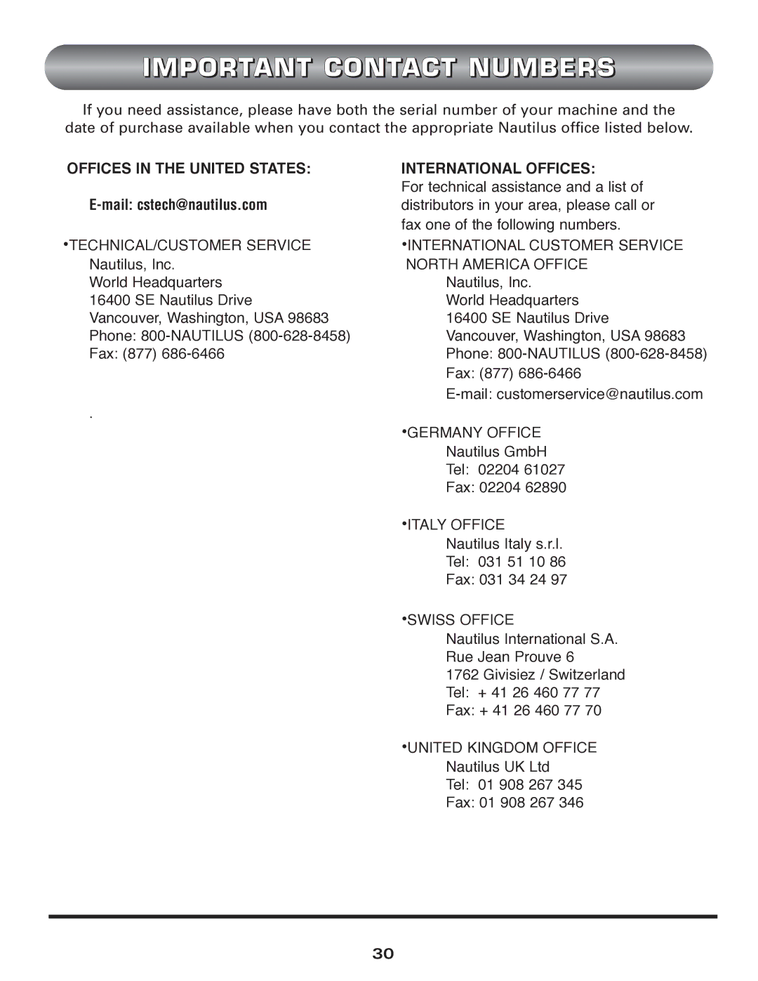 Trimline t523 manual Important Contact Numbers, Offices in the United States International Offices 