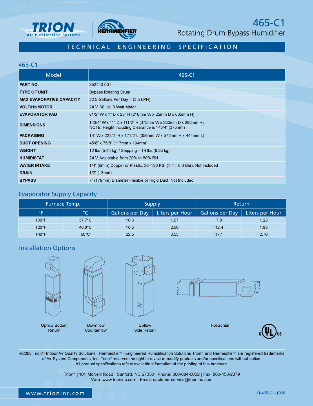 Trion 465-C1 warranty Evaporator Supply Capacity, Installation Options 