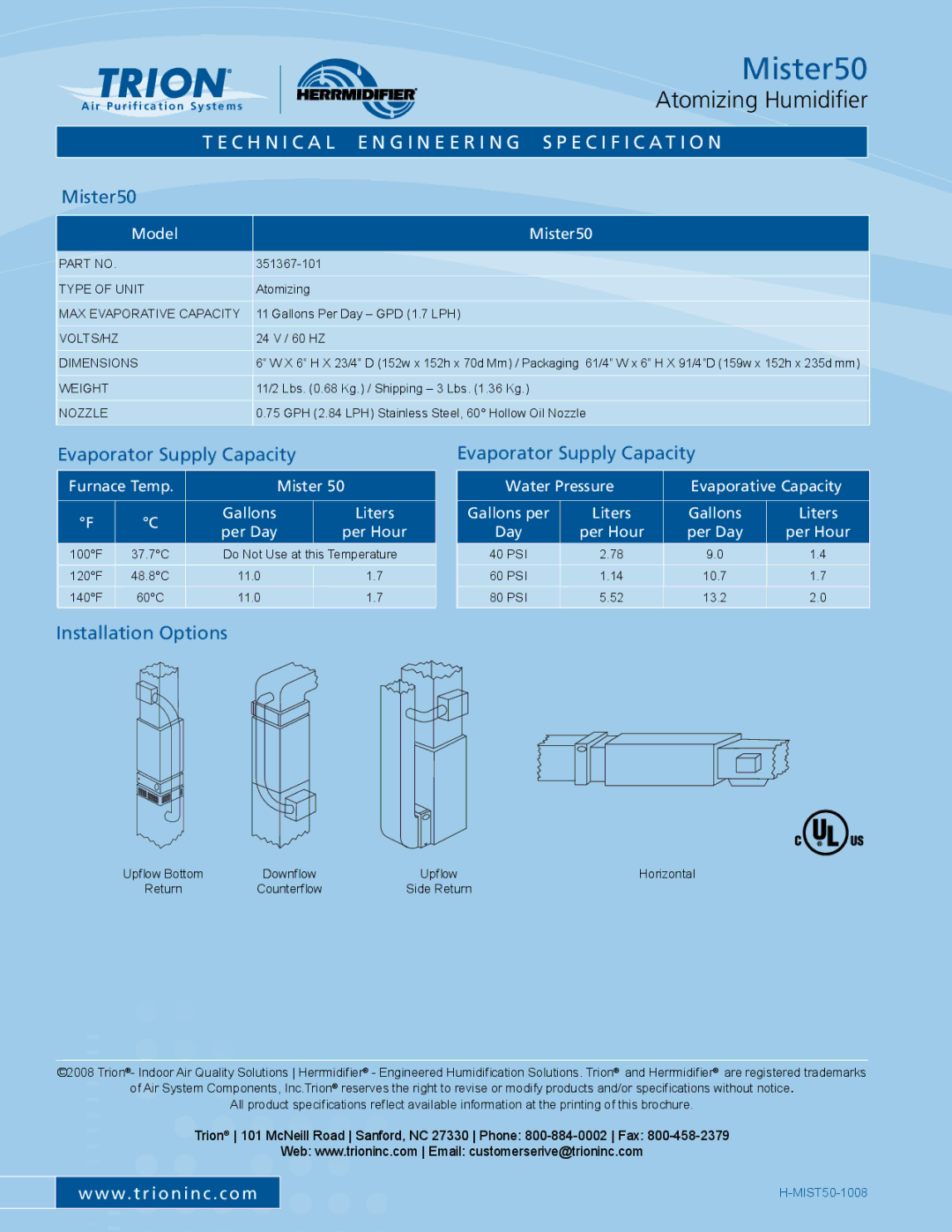 Trion warranty Mister50, Installation Options Evaporator Supply Capacity 