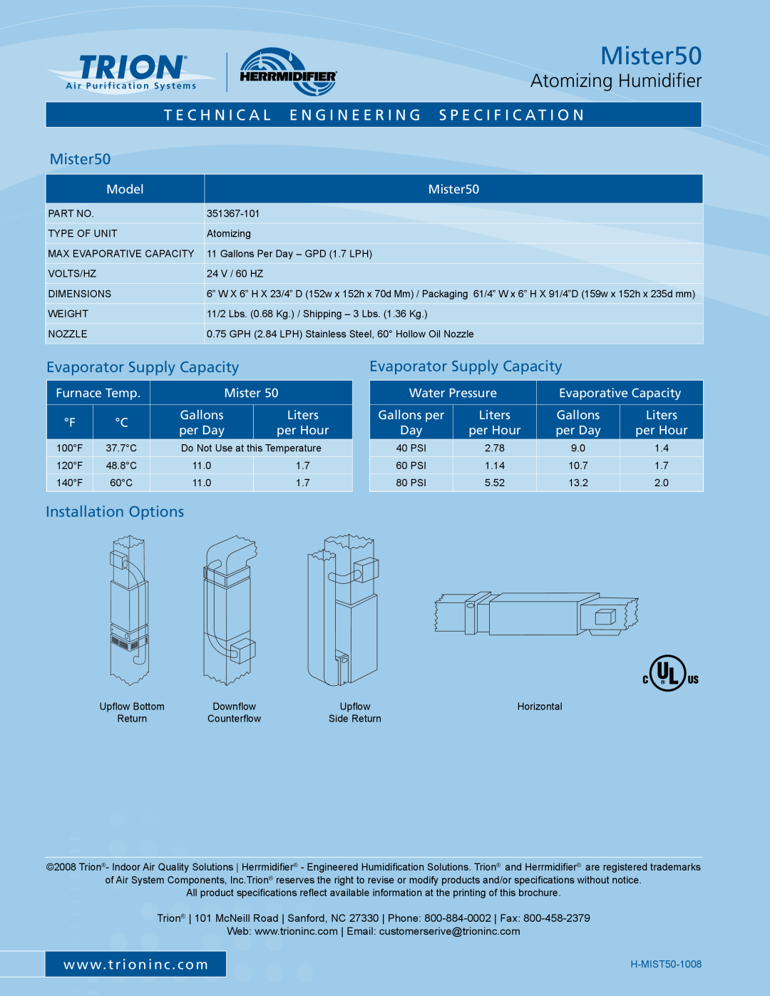 Trion Mister50, Evaporator Supply Capacity, Installation Options, Atomizing Humidifier, w w w. t r i o n i n c . c o m 