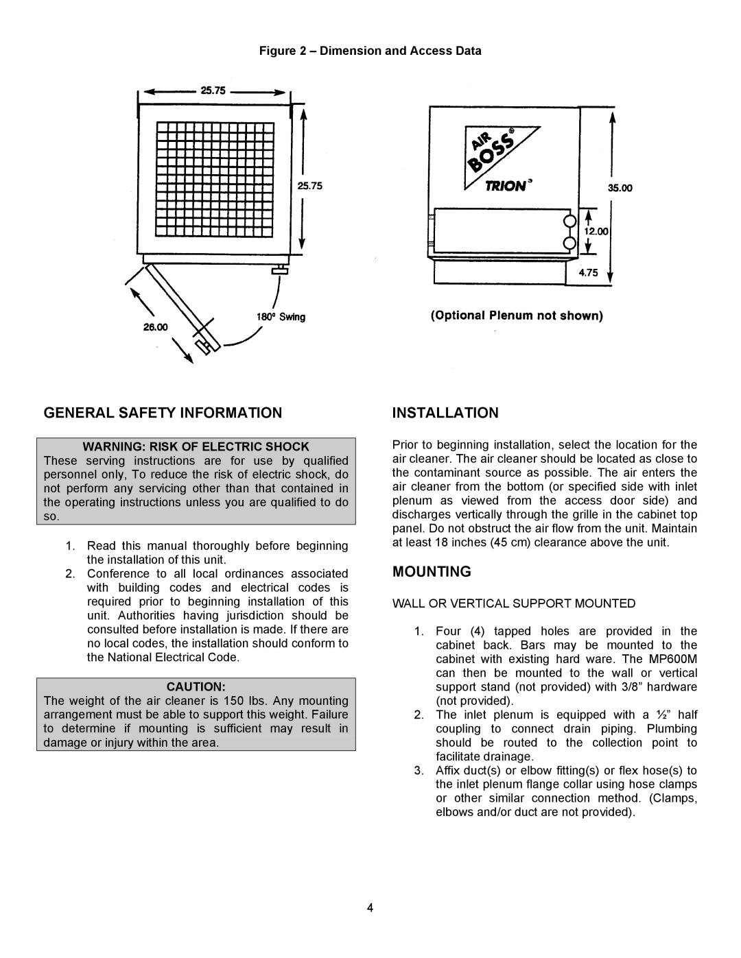 Trion 600M manual General Safety Information, Installation, Mounting 