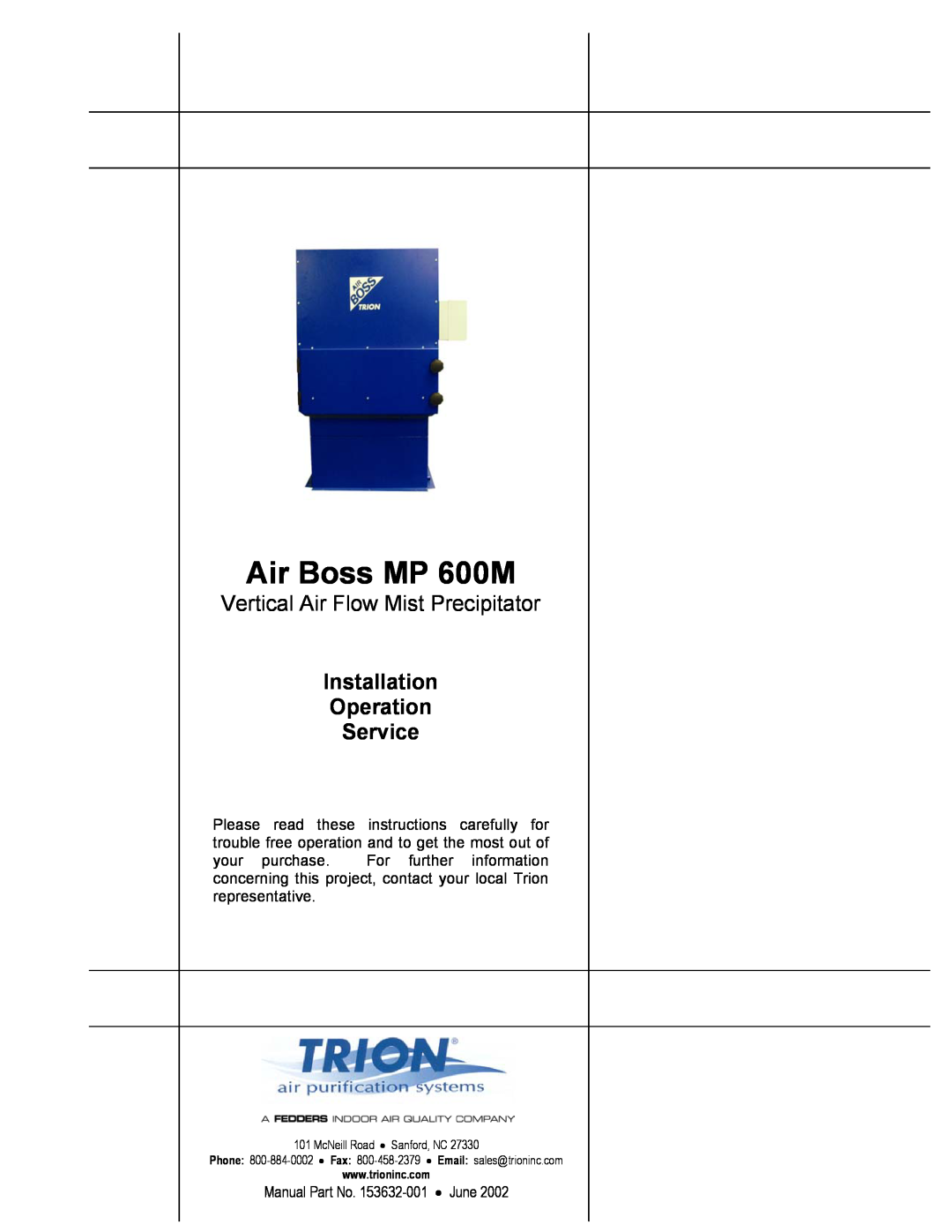 Trion manual Air Boss MP 600M, Vertical Air Flow Mist Precipitator, Installation Operation Service 