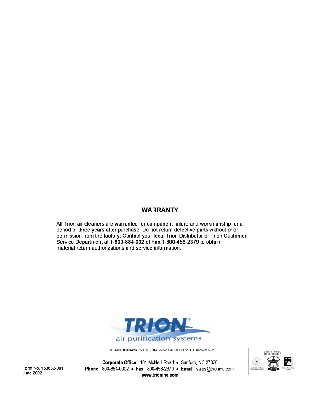 Trion 600M manual Warranty 