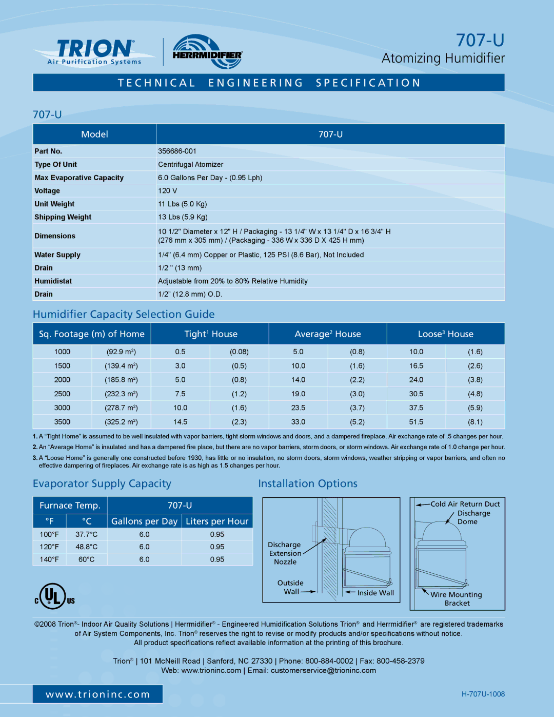 Trion 707-U warranty Humidifier Capacity Selection Guide, Evaporator Supply Capacity Installation Options 