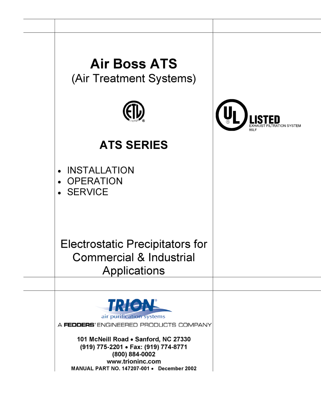 Trion 147207-001 manual Air Boss ATS, Manual Part no -001 December 