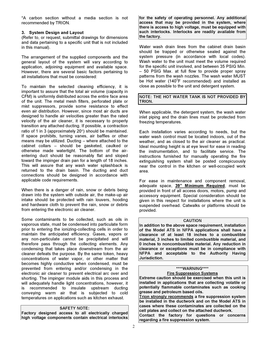 Trion Air Boss ATS, 147207-001 manual System Design and Layout, Safety Note, Fire Suppression Systems 