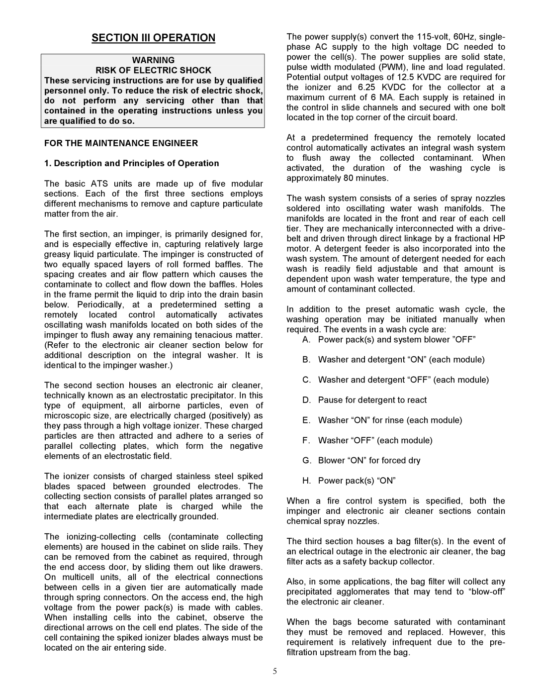 Trion 147207-001 manual Risk of Electric Shock, For the Maintenance Engineer, Description and Principles of Operation 