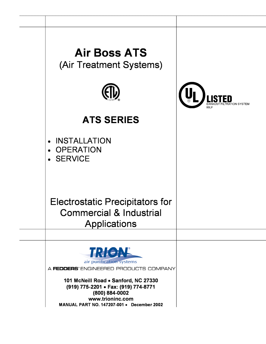 Trion 147207-001 manual McNeill Road Sanford, NC, 919775-2201 Fax, Air Boss ATS, Air Treatment Systems, Ats Series 