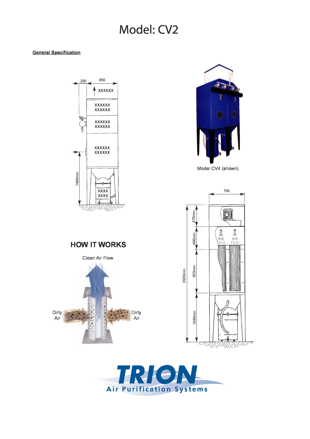 Trion CV4 Model CV2, How It Works, A i r P u r i f i c a t i o n S y s t e m s, General Specification, Clean Air Flow 