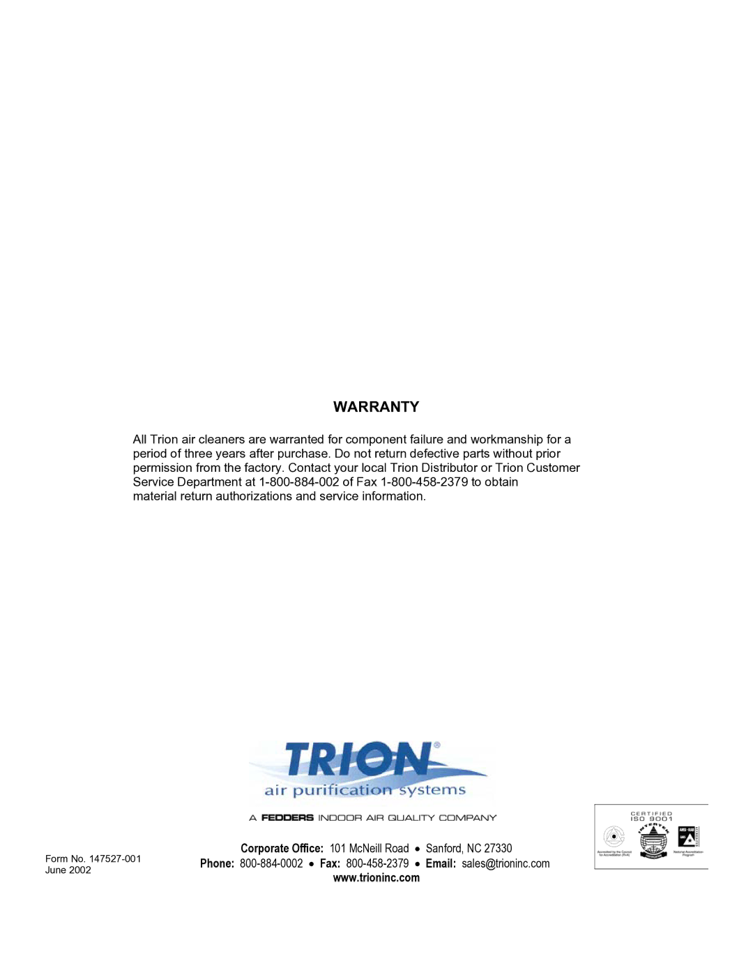 Trion FM 1000 manual Warranty 