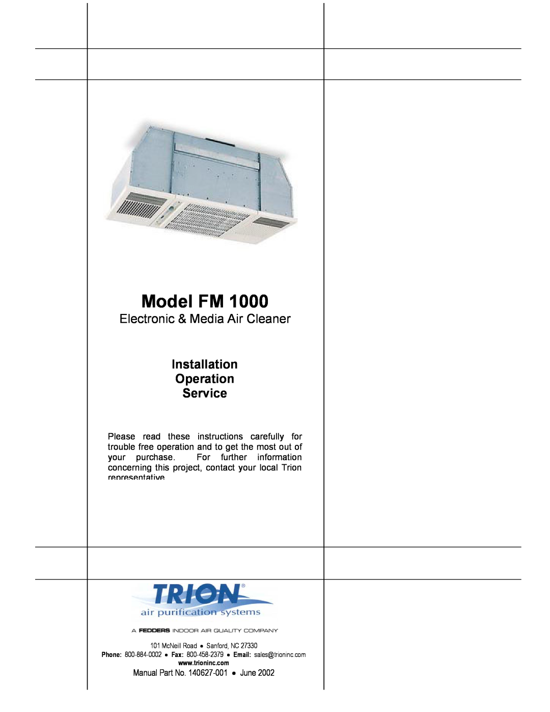Trion FM 1000 manual Model FM, Electronic & Media Air Cleaner, Installation Operation Service 