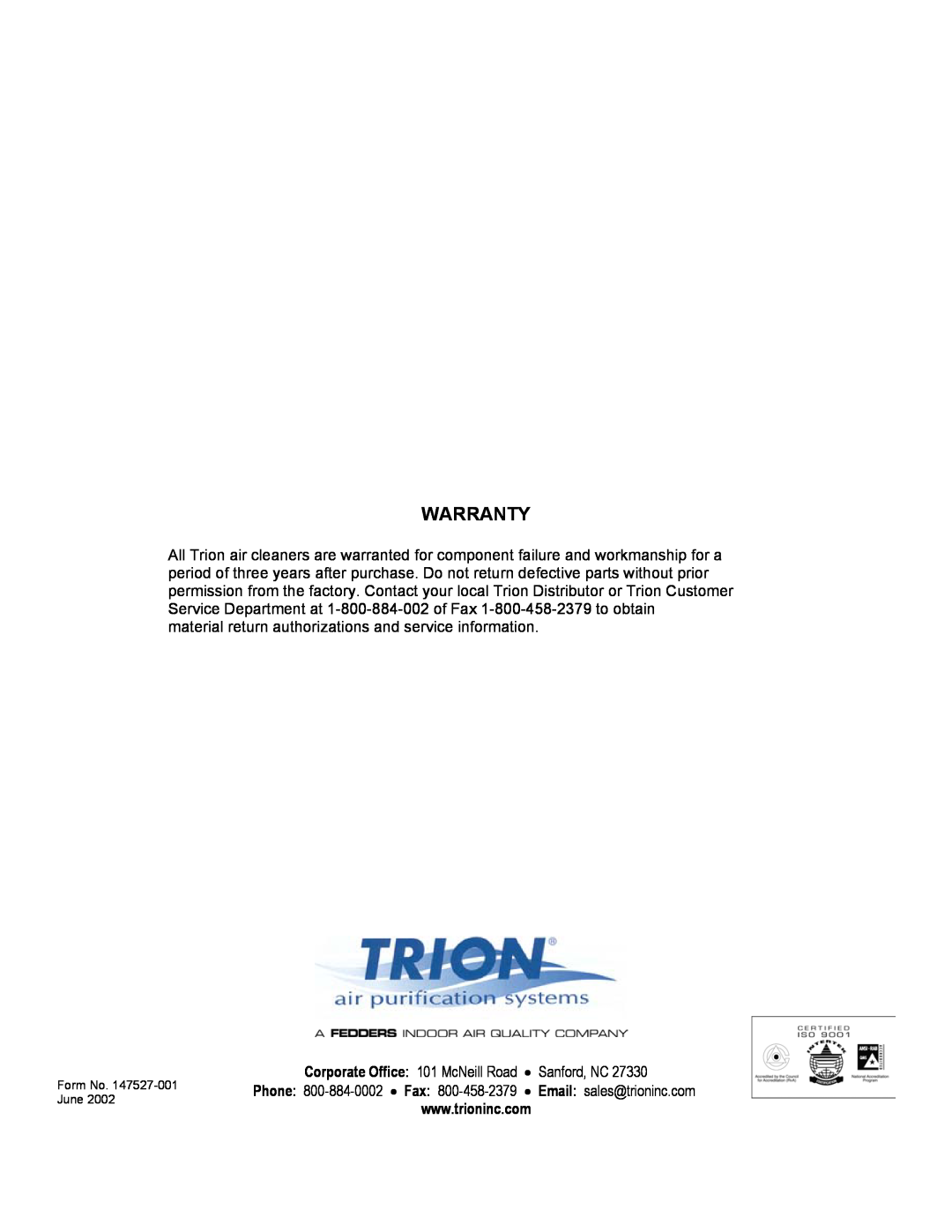 Trion FM 1000 manual Warranty 