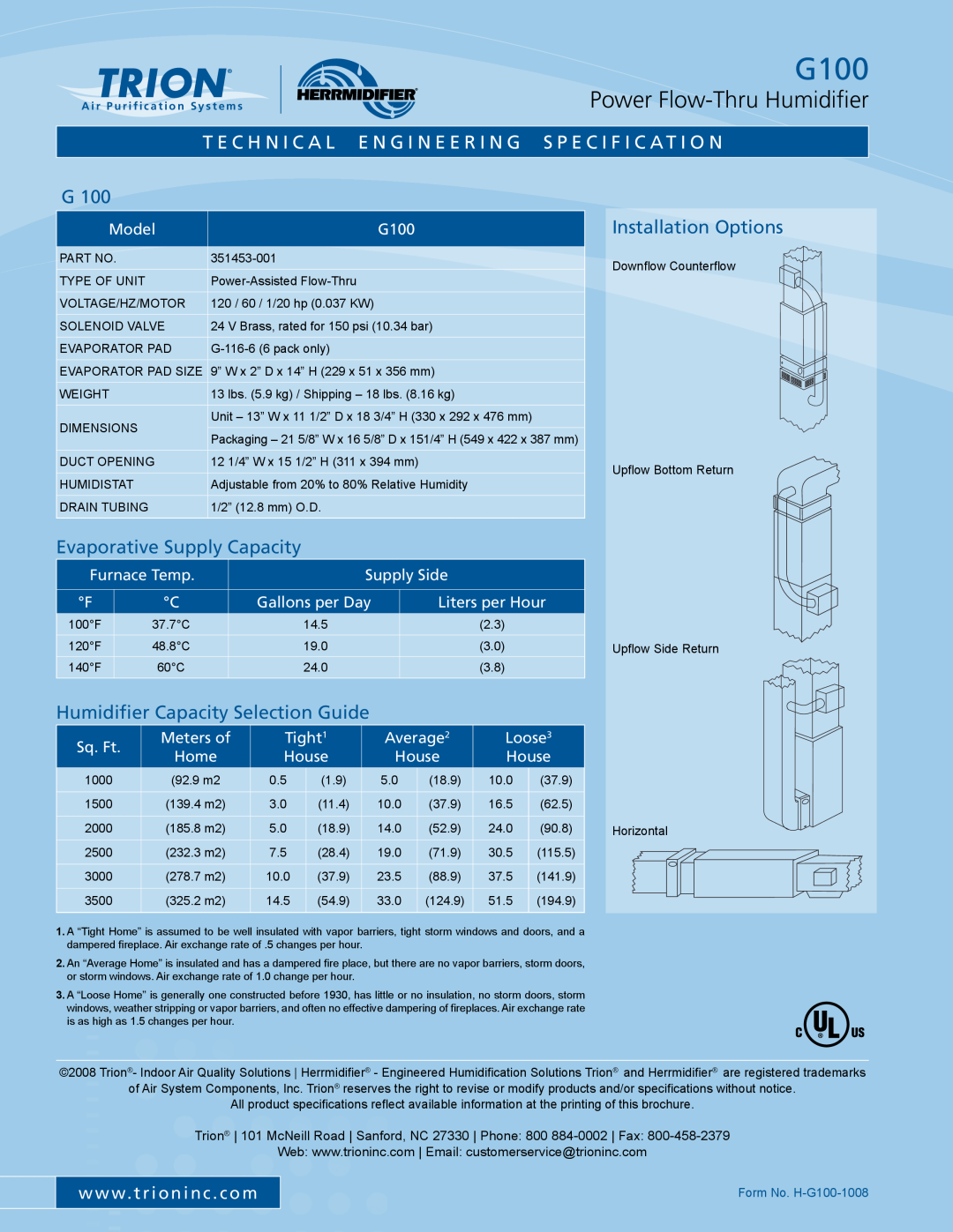 Trion G100 warranty Evaporative Supply Capacity, Humidifier Capacity Selection Guide, Installation Options 