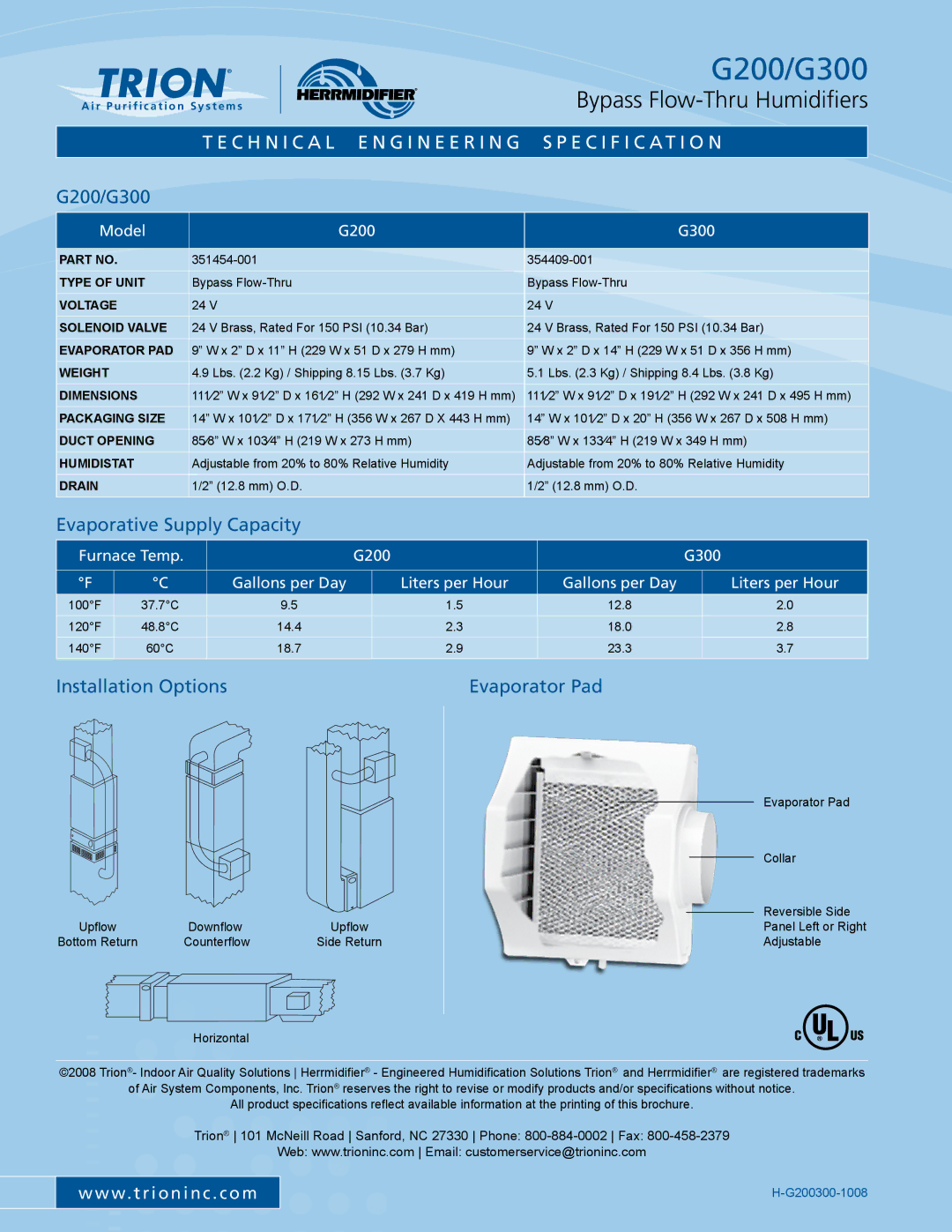 Trion warranty G200/G300, Evaporative Supply Capacity, Installation Options Evaporator Pad 