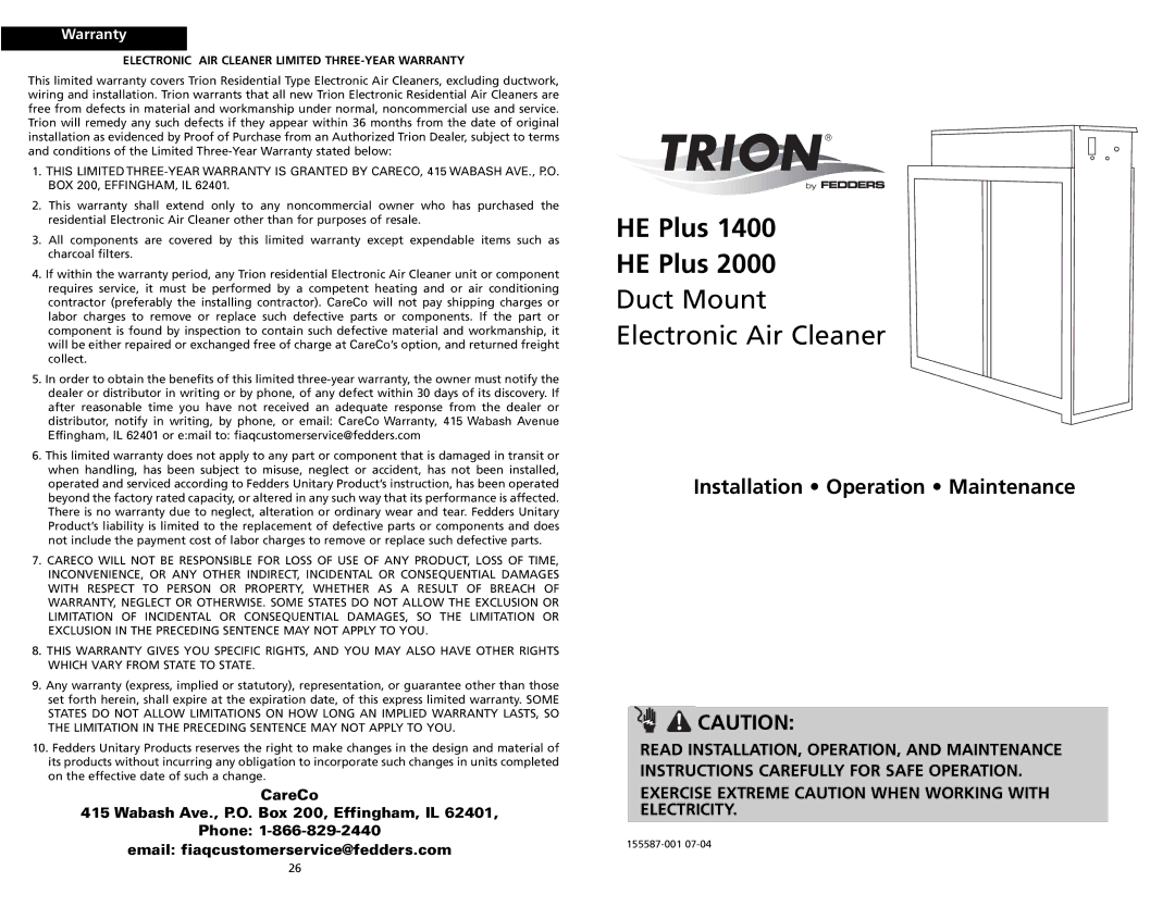 Trion HE Plus 2000, HE Plus 1400 warranty Electronic AIR Cleaner Limited THREE-YEAR Warranty 