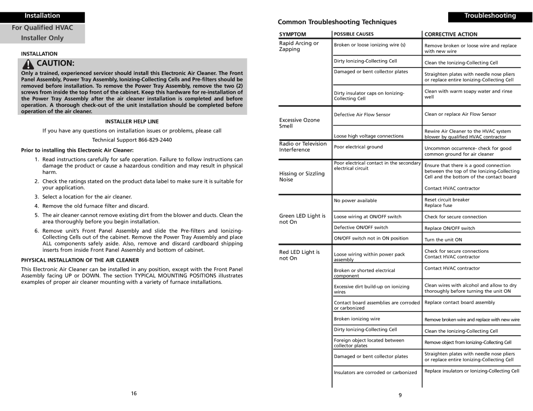 Trion HE Plus 2000 warranty Installer Help Line, Physical Installation of the AIR Cleaner, Symptom, Corrective Action 