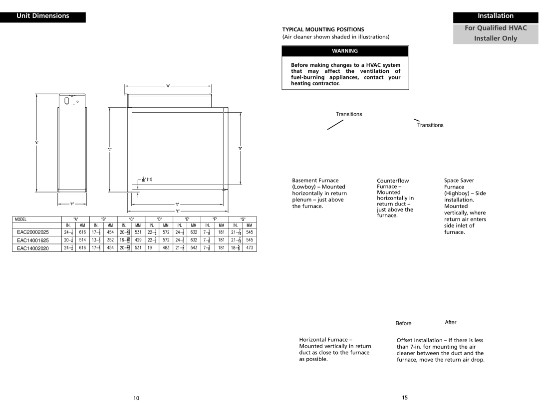 Trion HE Plus 1400, HE Plus 2000 Unit Dimensions, Typical Mounting Positions, Air cleaner shown shaded in illustrations 