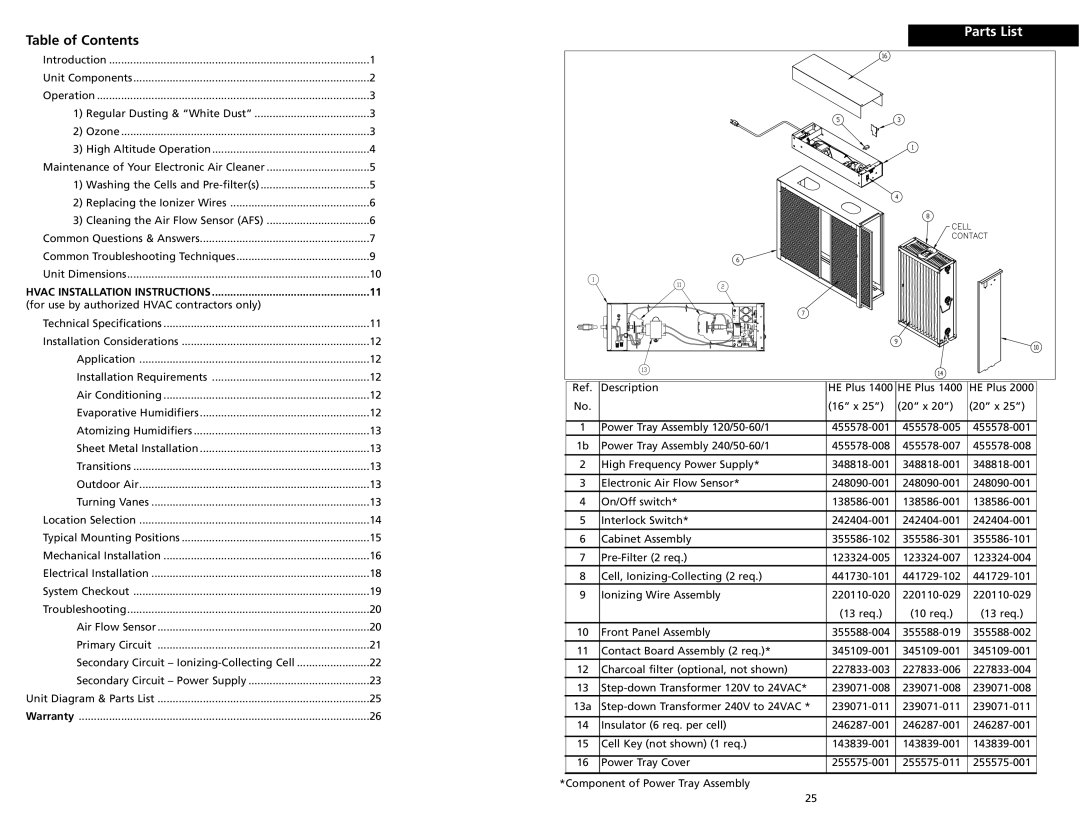 Trion HE Plus 1400, HE Plus 2000 warranty Table of Contents, Parts List 