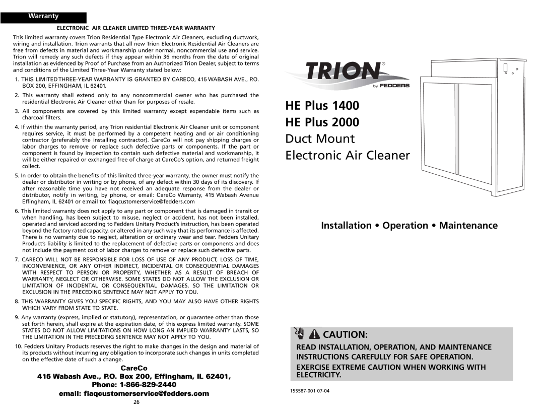 Trion HE Plus 2000 warranty HE Plus HE Plus, Duct Mount Electronic Air Cleaner, Installation Operation Maintenance, CareCo 