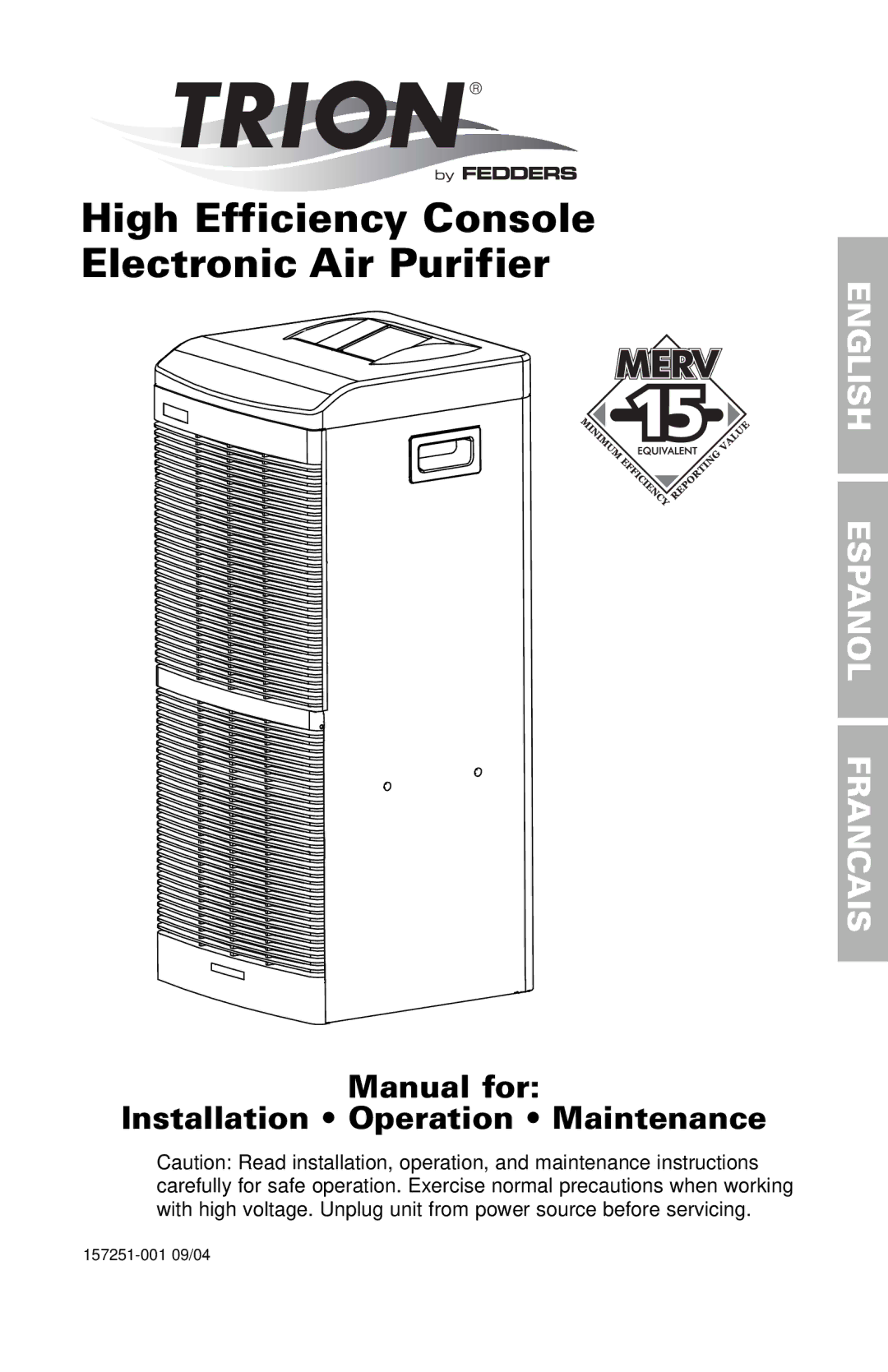 Trion High Efficiency Console Electronic Air Purifier manual Manual for Installation Operation Maintenance 