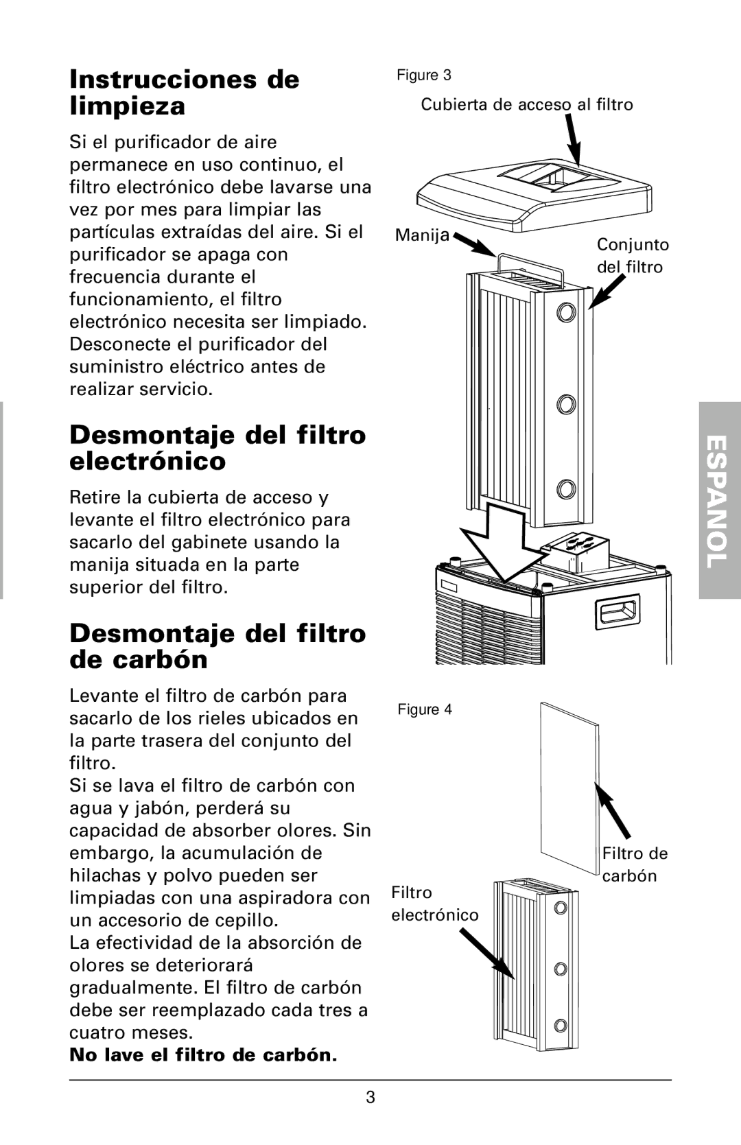 Trion High Efficiency Console Electronic Air Purifier manual Instrucciones de limpieza, Desmontaje del filtro electrónico 