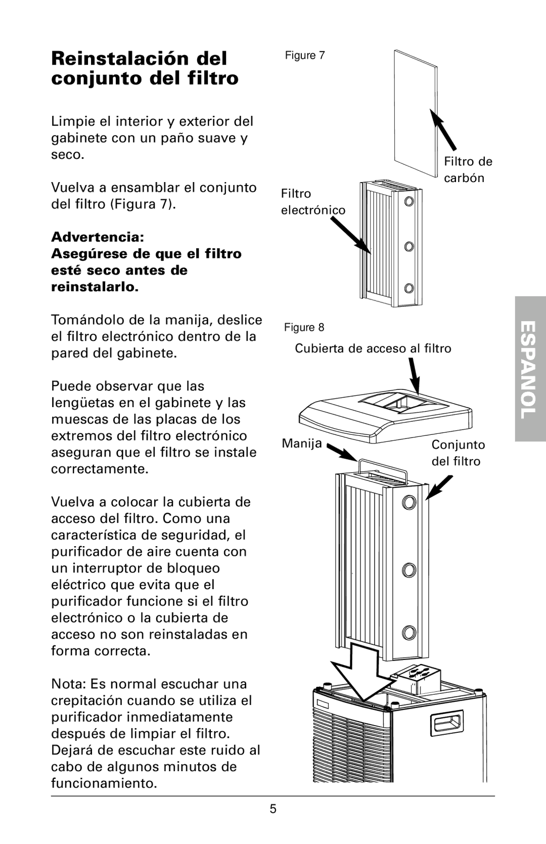 Trion High Efficiency Console Electronic Air Purifier manual Reinstalación del conjunto del filtro 