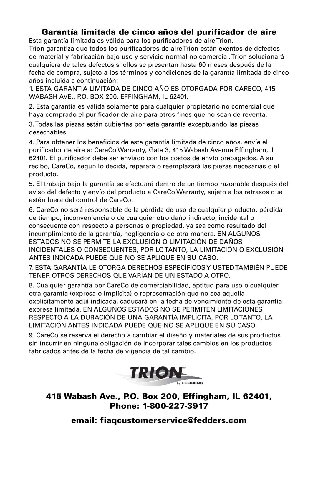 Trion High Efficiency Console Electronic Air Purifier manual Garantía limitada de cinco años del purificador de aire 