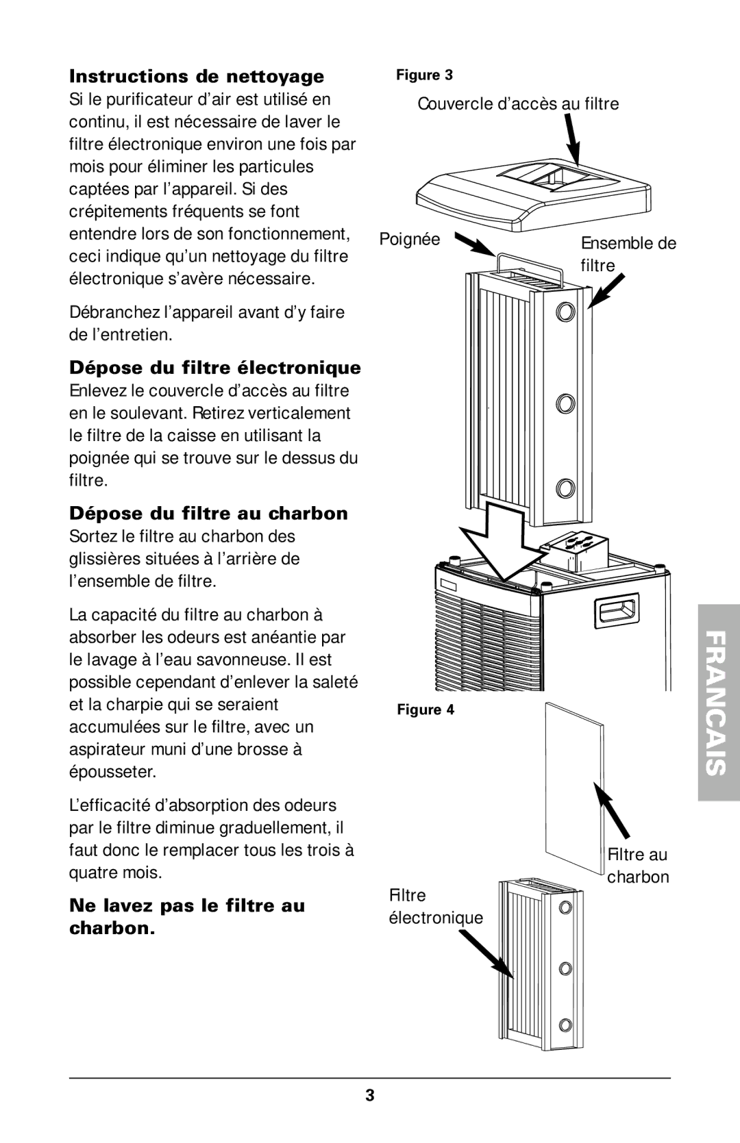 Trion High Efficiency Console Electronic Air Purifier manual Ne lavez pas le filtre au charbon 