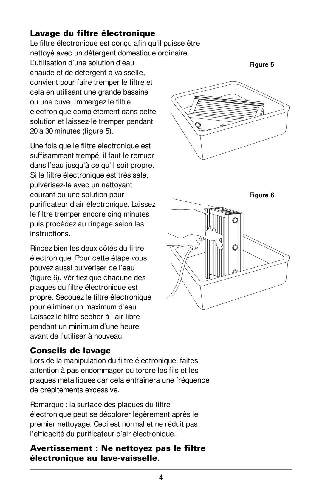 Trion High Efficiency Console Electronic Air Purifier manual Lavage du filtre électronique, Conseils de lavage 