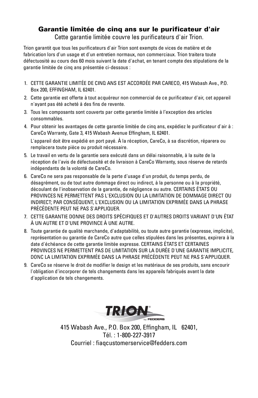 Trion High Efficiency Console Electronic Air Purifier manual Garantie limitée de cinq ans sur le purificateur dair 